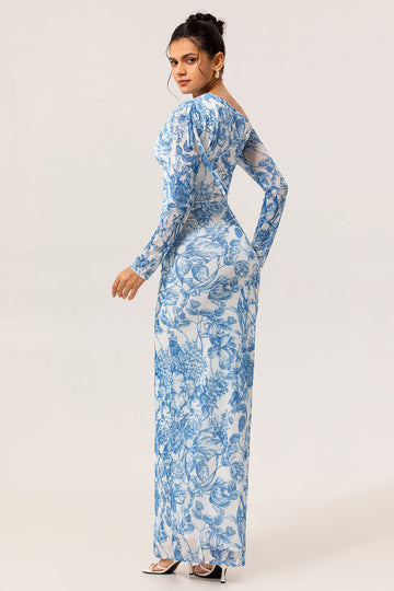 One Shoulder Sheath Blue Flower Long Sleeves Bridesmaid Dress with Slit